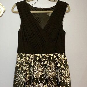 Adrianna Papell Black Dress with Gold Floral Embroidery